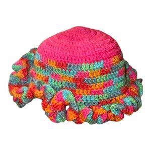 Handmade Crochet Ruffle Hat Pink Multicolor Teen/Small Adult size Y2K Boho Chic